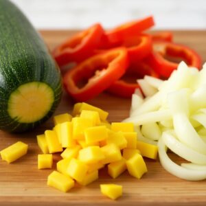 Pokrojona w kostkę cukinia (ze skórką), papryka w paski i posiekana cebula, przygotowane do domowego leczo jednogarnkowego.