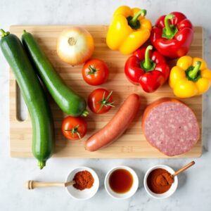 Świeże składniki na domowe leczo z kiełbasą, kolorowymi paprykami, cukinią, cebulą i pomidorami, ułożone na drewnianej desce.