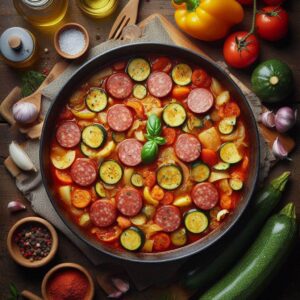 Smaczne domowe leczo z kiełbasą i cukinią, podkreślające unikalność przepisu i łatwość przygotowania.