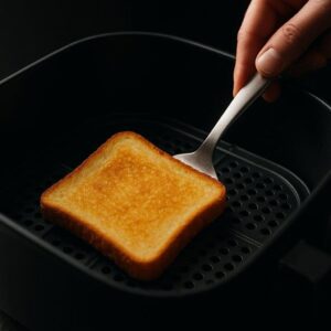 Przewracanie tosta na drugą stronę w air fryerze za pomocą łyżki.