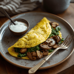 Puszysty omlet wege fit ze szpinakiem i pieczarkami