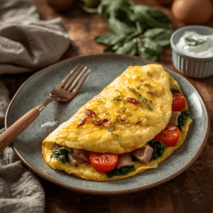Puszysty omlet z szynką, szpinakiem i pomidorkami cherry