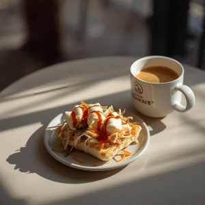 Koreański tost na stoliku w kawiarni z kawą