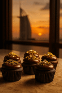 Eleganckie babeczki dubajskie udekorowane jadalnym złotem i pistacjami