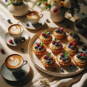 Elegancko nakryty stół z ceramicznym talerzem pełnym gotowych mini tartaletek z owocami oraz dwiema filiżankami kawy w popołudniowym słońcu.