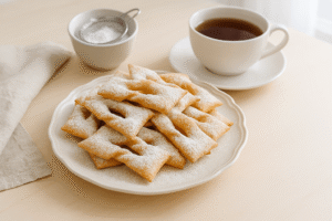 Faworki podane z herbatą na jasnym stole