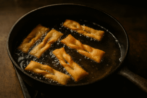 Faworki smażące się na złoty kolor w oleju