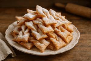 Tradycyjne faworki oprószone cukrem pudrem na białym talerzu