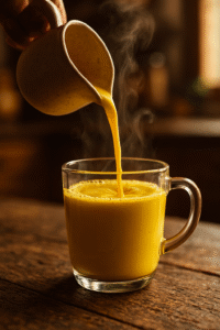 Złote mleko z kurkumą nalewane do szklanki