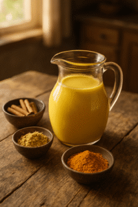 Dzbanek złotego mleka z kurkumą obok miseczek z przyprawami