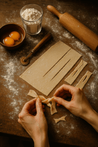 Proces wycinania i zawijania faworków na stolnicy oprószonej mąką