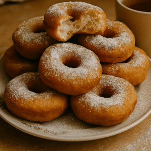 Duża sterta domowych oponek serowych posypanych cukrem pudrem, jedna oponka rozerwana palcami pokazuje miękki środek