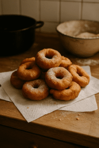 Domowe, rumiane oponki serowe o nieregularnych kształtach, leżące na ręczniku papierowym w kuchni.
