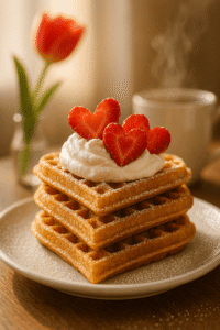 Złociste gofry w kształcie serc z bitą śmietaną i truskawkami na białym talerzu w porannym słońcu.