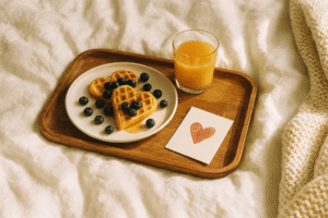 Taca ze śniadaniem walentynkowym na białej pościeli – gofry serca, sok i miłosna karteczka.