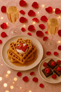 Romantyczny stół z goframi serduszkami, brownie z malinami i kieliszkami szampana przy blasku lampek.