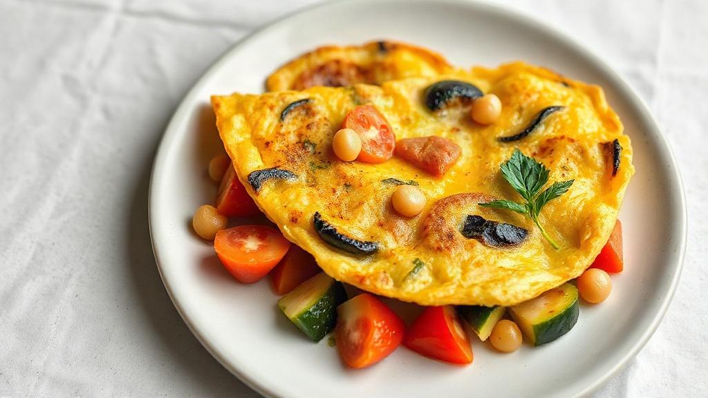 Omlet warzywny na bazie mąki z ciecierzycy – śniadanie roślinne. Porcje i serwowanie dla różnych celów Omlet warzywny na bazie mąki z ciecierzycy – śniadanie roślinne. Porcje i serwowanie dla różnych celów